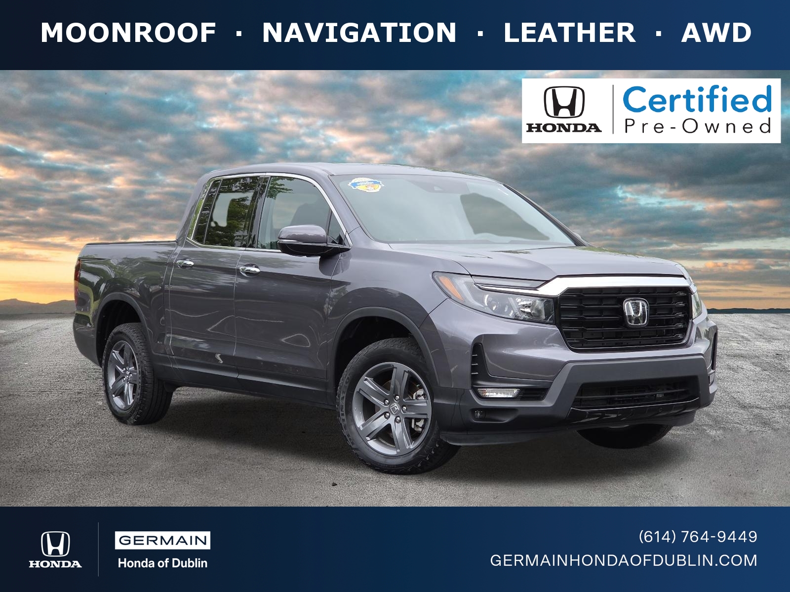 Gray (Modern Steel Metallic) 2022 Honda Ridgeline Pickup Truck All-Wheel Drive Automatic
