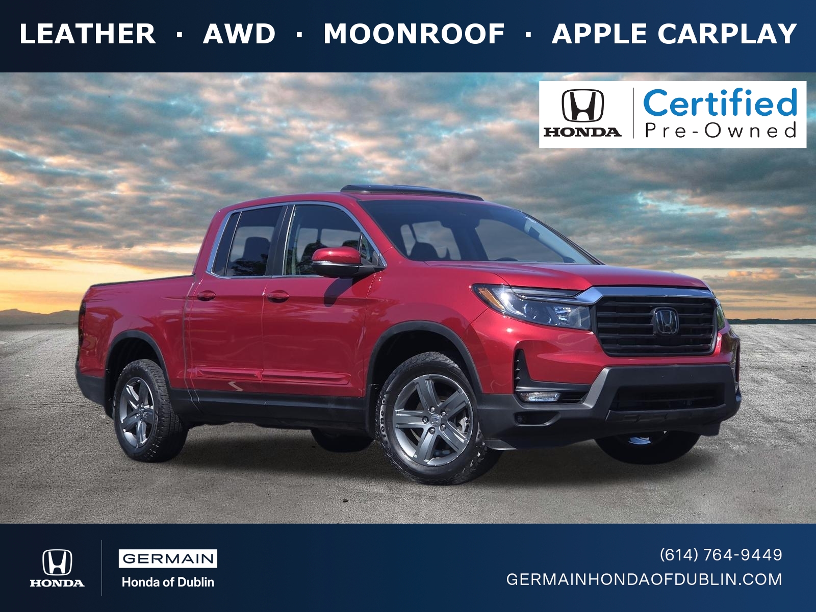 Radiant Red Metallic II 2023 Honda Ridgeline RTL AWD Pickup Truck All-Wheel Drive Automatic