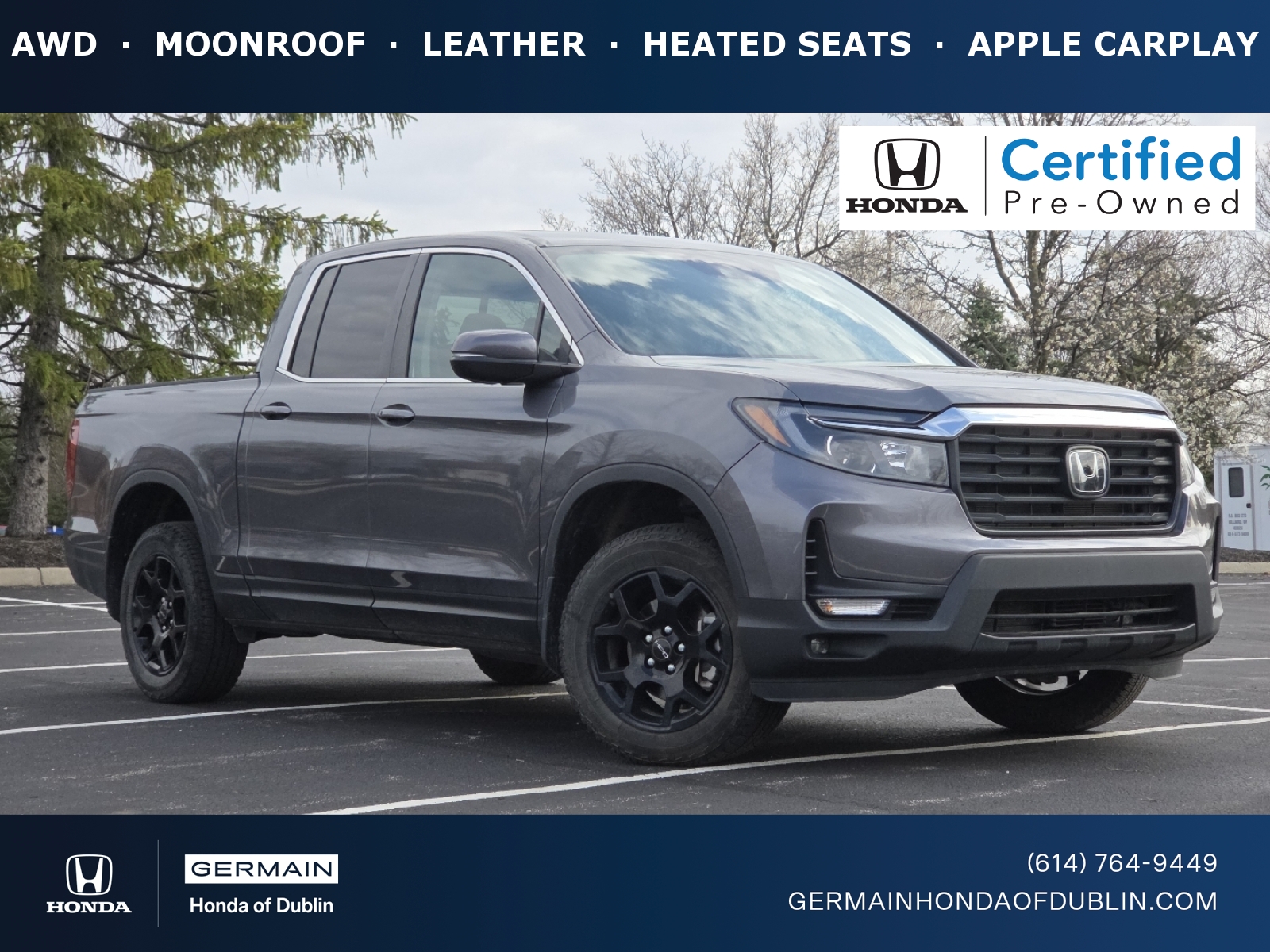 Gray (Modern Steel Metallic) 2023 Honda Ridgeline RTL AWD Pickup Truck All-Wheel Drive Automatic