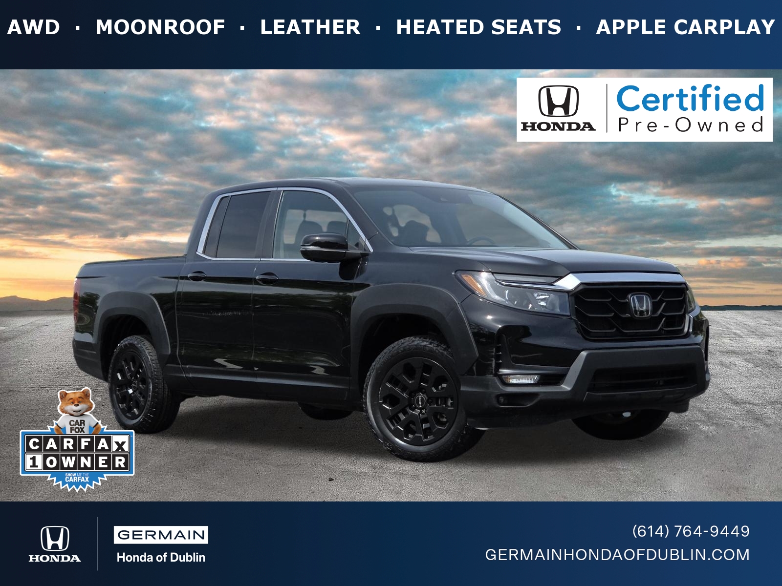 Crystal Black Pearl 2023 Honda Ridgeline RTL AWD Pickup Truck All-Wheel Drive Automatic