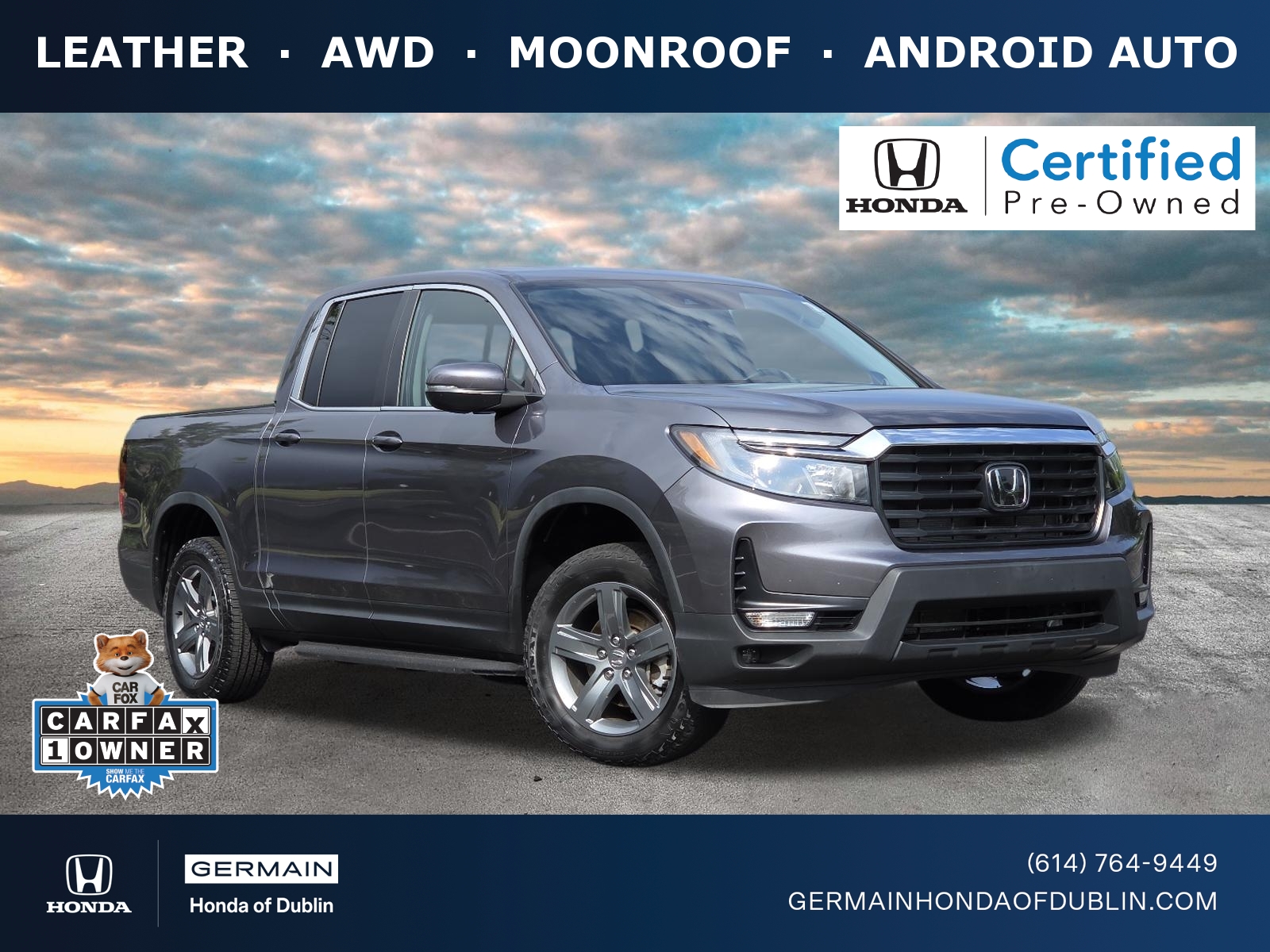 Gray (Modern Steel Metallic) 2023 Honda Ridgeline Pickup Truck All-Wheel Drive Automatic