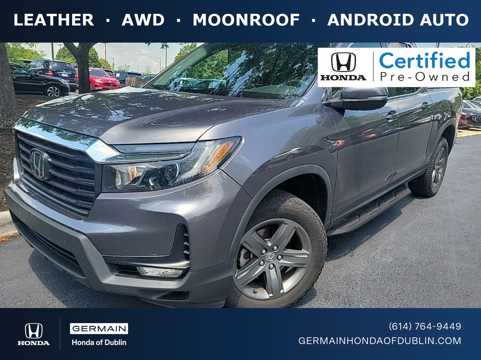 Gray (Modern Steel Metallic) 2023 Honda Ridgeline Pickup Truck All-Wheel Drive Automatic
