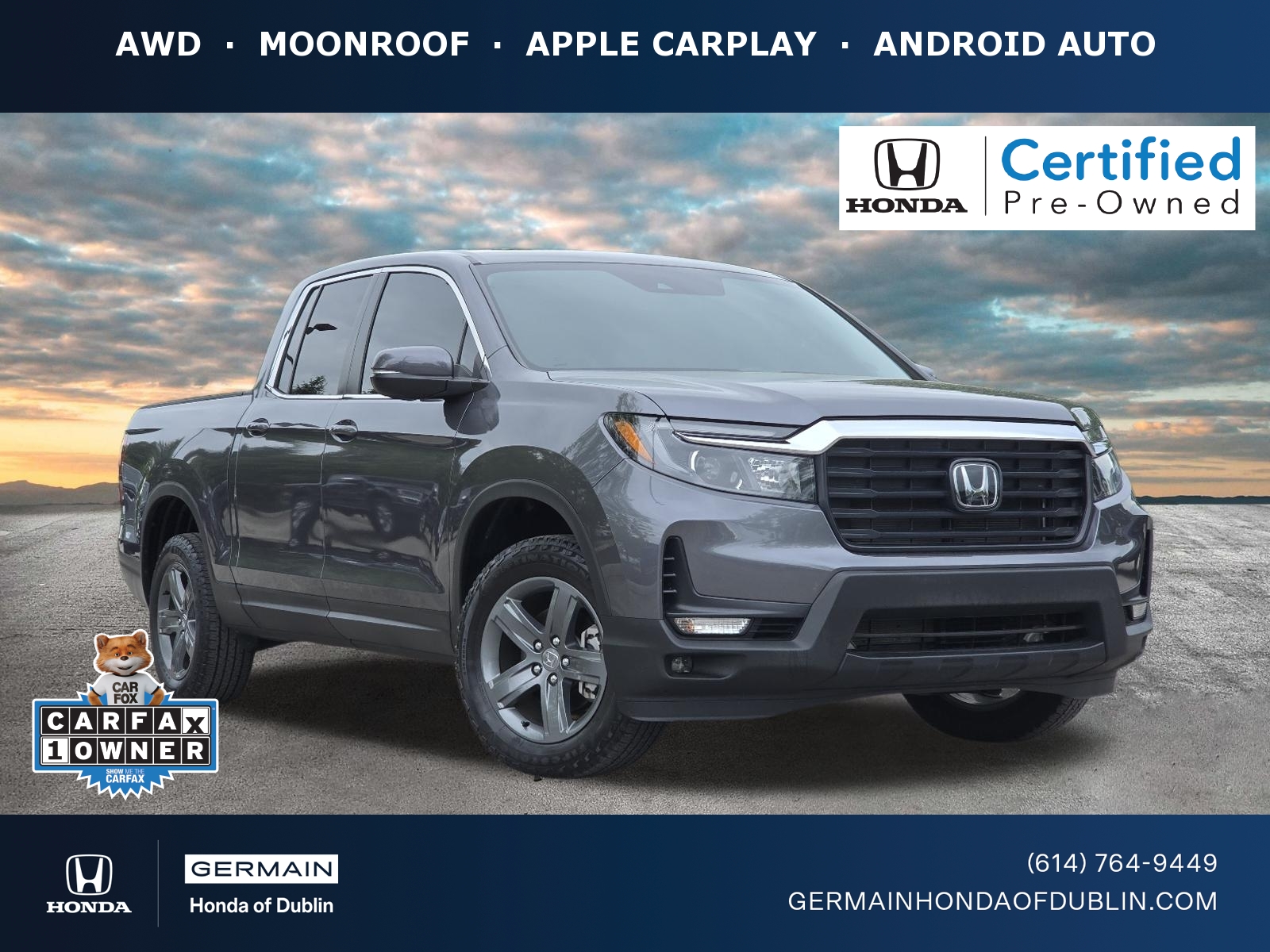 Gray (Modern Steel Metallic) 2023 Honda Ridgeline RTL AWD Pickup Truck All-Wheel Drive 9-Speed Automatic