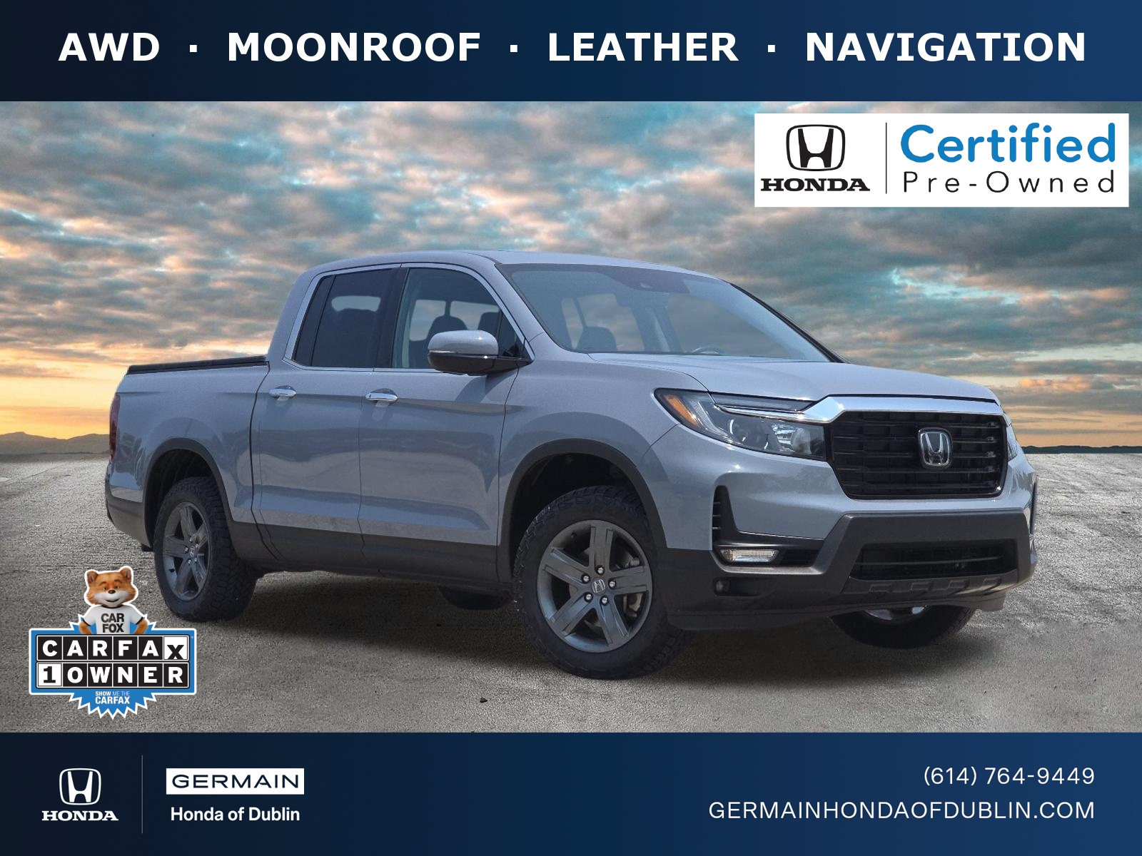 Sonic Gray Pearl 2023 Honda Ridgeline Pickup Truck All-Wheel Drive Automatic