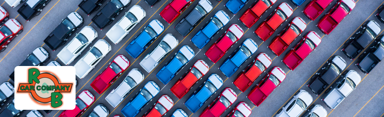 Used pickup trucks lined up at R&B Car Company dealership in Indiana