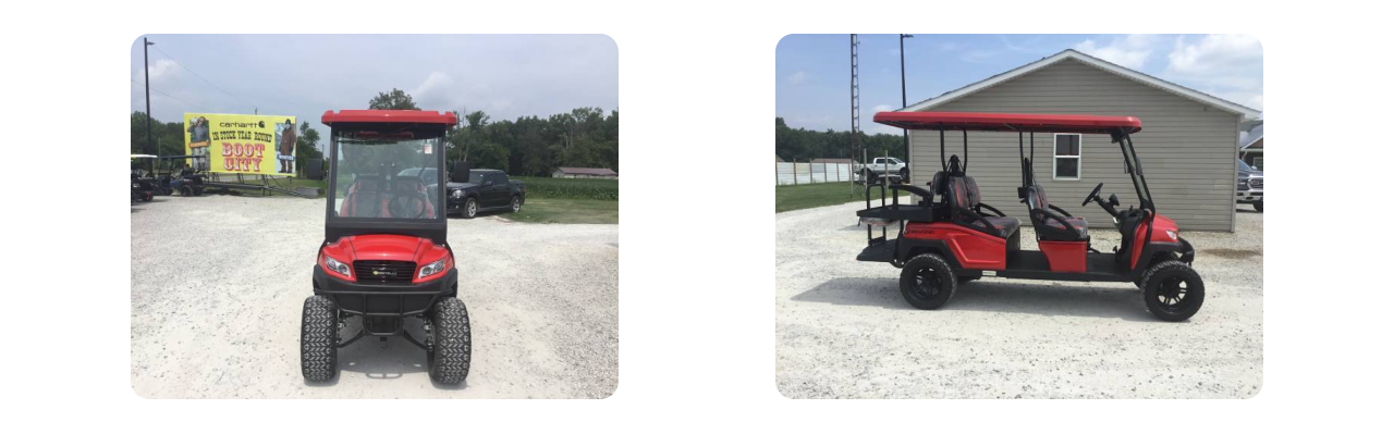 A broad view of the Terre Haute Auto dealership featuring a lineup of ATVs and golf carts.