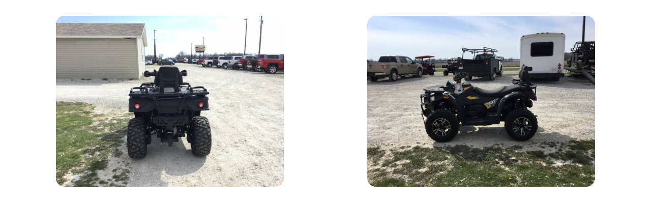 two different views of a black ATV parked in a lot with other vehicles.