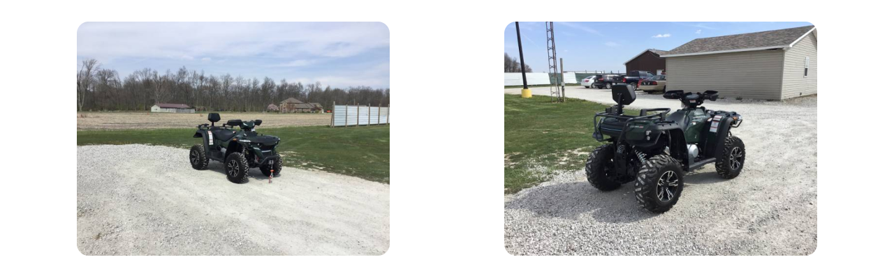 two different views of a green ATV parked in a lot with other vehicles.