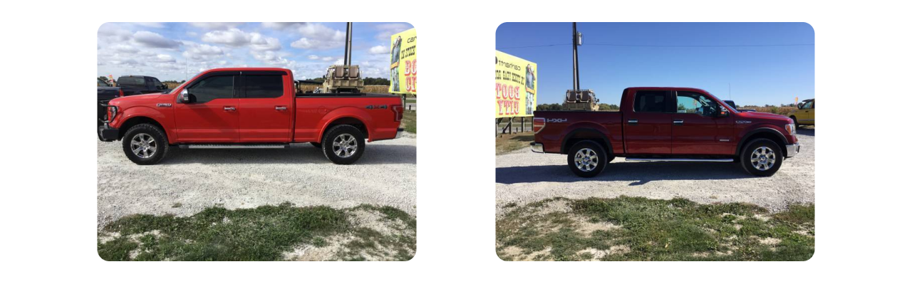 Two red Ford F-150 trucks, one with a standard cab and the other with a SuperCab, parked in a lot