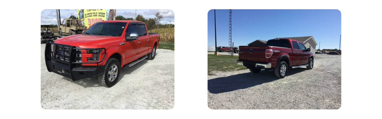 Two used Ford F-150 trucks parked in a lot, one red and one maroon.