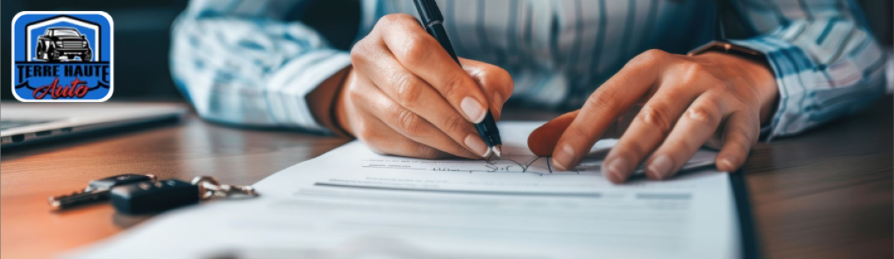 Sales associate helping a Terre Haute family explore financing options for a used car on the dealership lot.