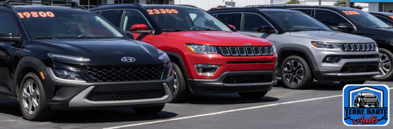 Terre Haute Auto lot featuring a lineup of used SUVs in Terre Haute, IN ready for test drives.