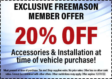 Accessories Coupon - 20% Off Accessories & Installation at time of vehicle purchase. T.A.C. apply